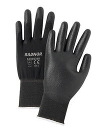 RADNOR® 13 Gauge Black Polyurethane Palm And Finger Coated Work Glove with Black Nylon Liner And Knit Wrist (12 Pair)