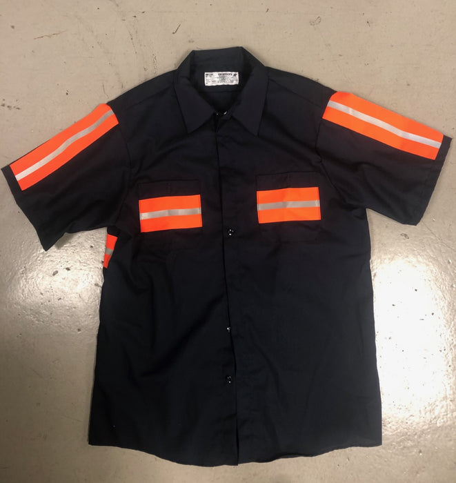 Low Pro Enhanced Visibility Short Sleeve Button Down Shirt, Navy w/Orange Striping