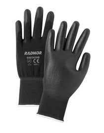 RADNOR®  13 Gauge Black Polyurethane Palm And Finger Coated Work Glove with Black Nylon Liner And Knit Wrist (12 Pair)