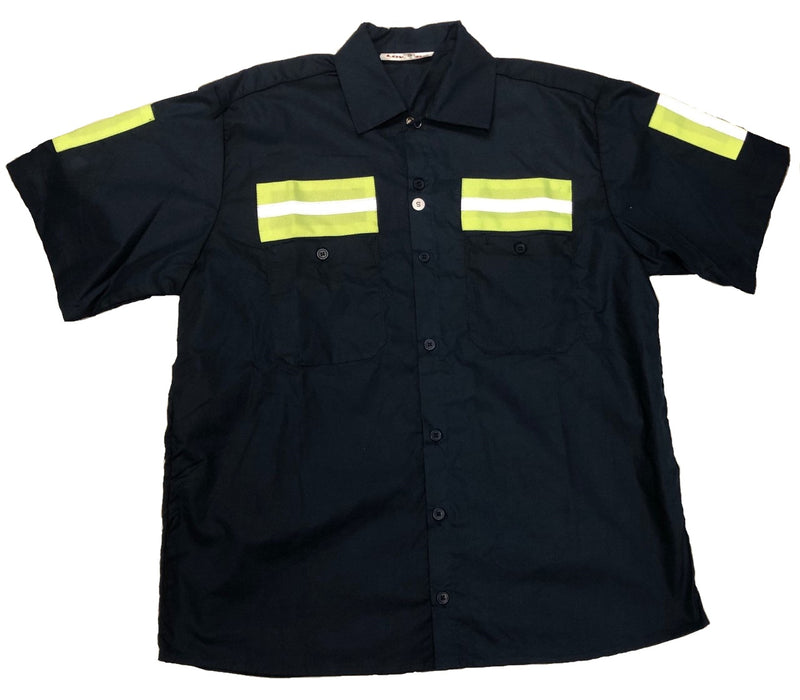 Low Pro Enhanced Visibility Short Sleeve Button Down Shirt, Navy w/Green Striping